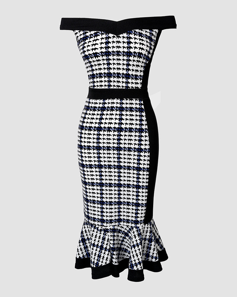 Houndstooth Print Off Shoulder Bodycon Dress Ruffle Hem Vintage Mid-length Dress