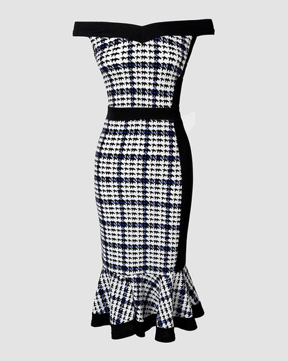 Houndstooth Print Off Shoulder Bodycon Dress Ruffle Hem Vintage Mid-length Dress