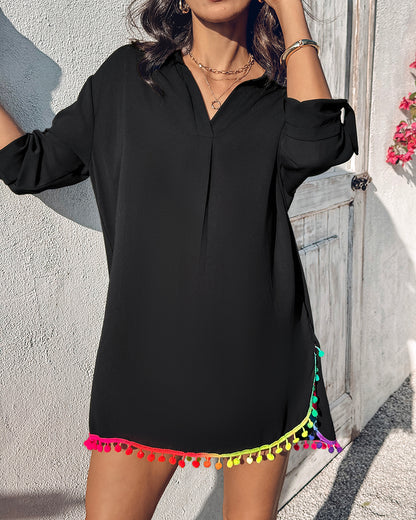 Turn-down Collar Roll Up Sleeve Tassel Hem Pompom Side Slit Straight Dress Casaul Dress