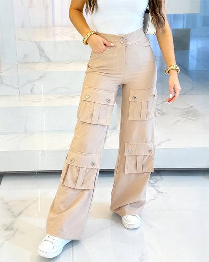 High Waist Zipper Fly Multiple Flap Pockets Design Utility Pants Casual Elastic Back Waist Wide Leg Cargo Pants