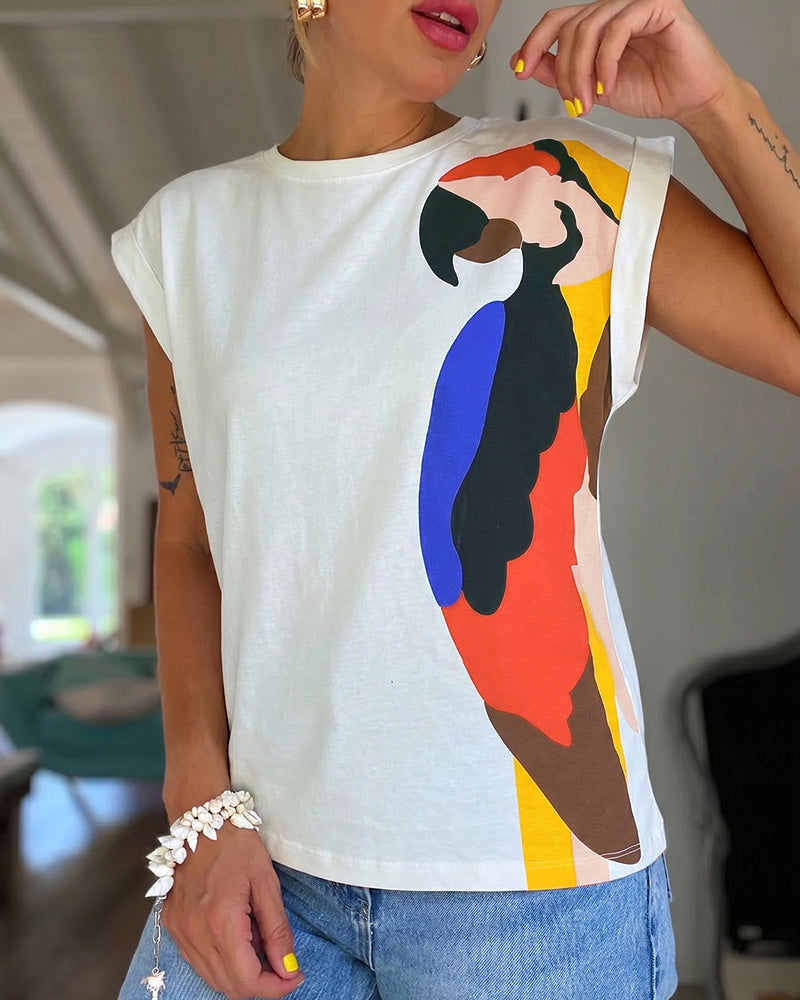 Women's Parrot Graphic Tee Loose Crewneck Cuffed Cap Sleeve T-Shirt Casual Top