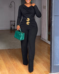 Women's Long Sleeve Cowl Neck Ruched Jumpsuit with Gold Buckle Accent