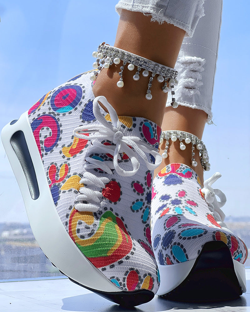 Abstract Print Side Lace-up Casual Wedge Sneakers