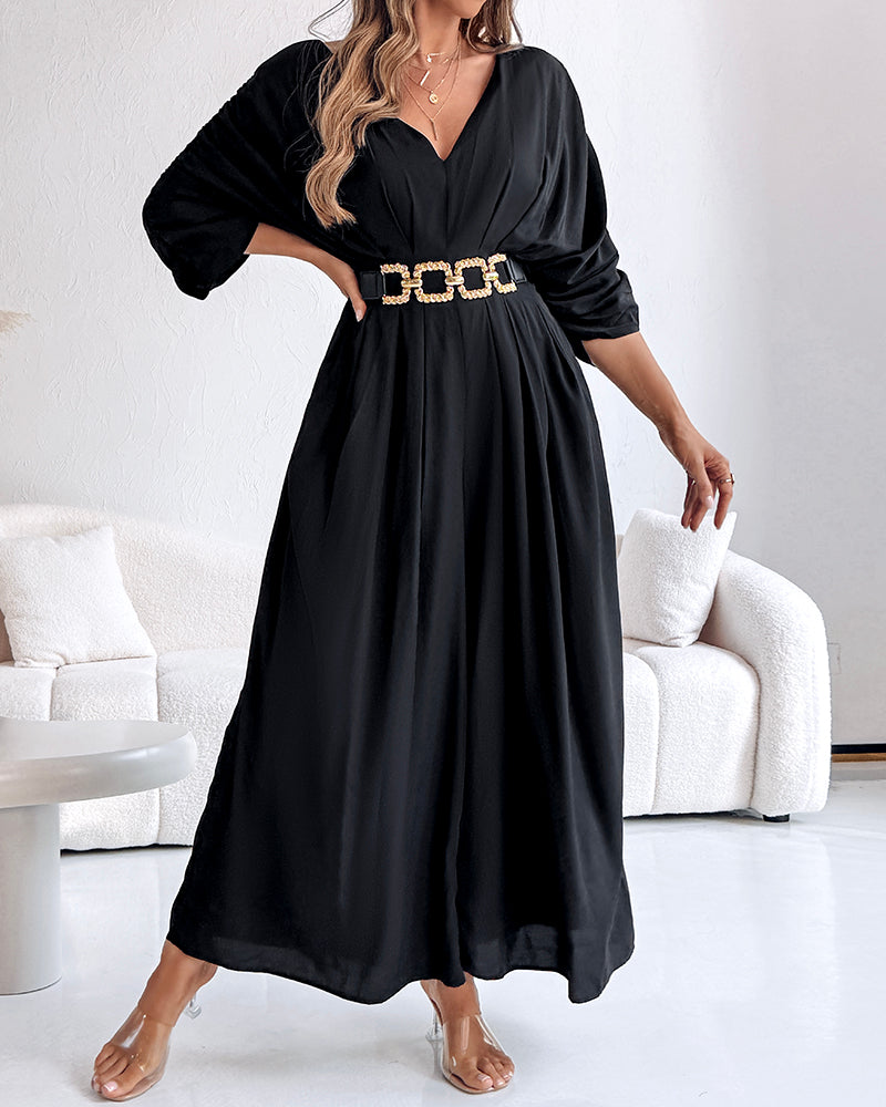 Deep V-Neck Ruched Three Quarters Sleeve Backless Overalls Casual Waist-Gathered Tied Detail Jumpsuit without Belt