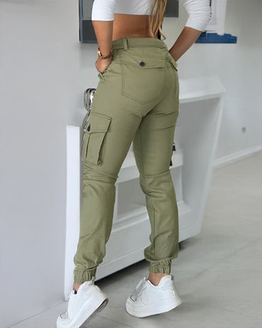 Zipper Fly Drawstring Elastic Back Waist Cuffed Trousers Casual Multiple Flap Pockets Design Cargo Pants