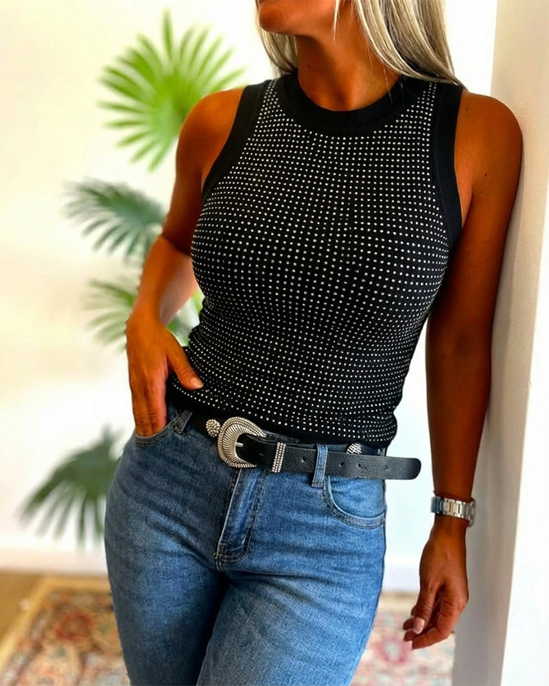 Rhinestone Decor O-neck Sleeveless Knit Tee Slim Fit Tank Top