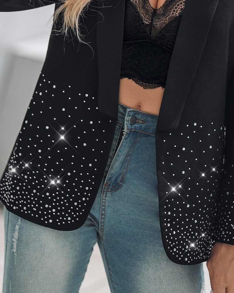 Rhinestone Decor Shawl Collar Long Sleeve Blazer Coat