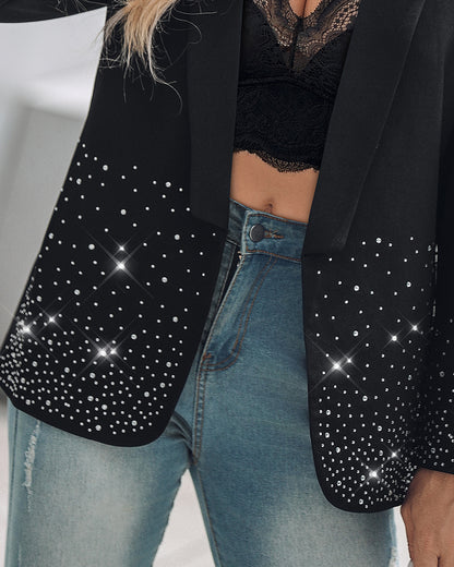 Rhinestone Decor Shawl Collar Long Sleeve Blazer Coat