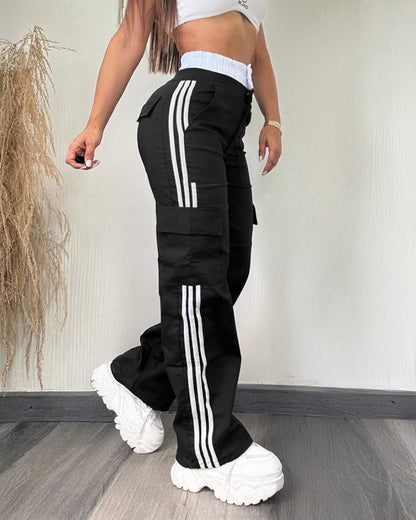 Contrast Side Striped Zipper Fly Stretchy High Waist Pants Flap Pockets Design Double Waistband Cargo Pants