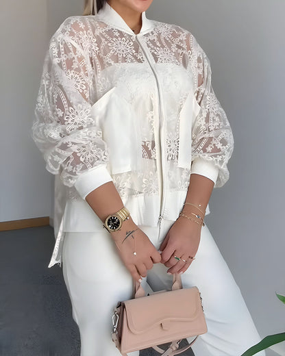 Floral Lace Embroidered Mesh Patchwork High-Low Hem Baseball Coat Casual Side Slit Zip Up Bomber Jacket