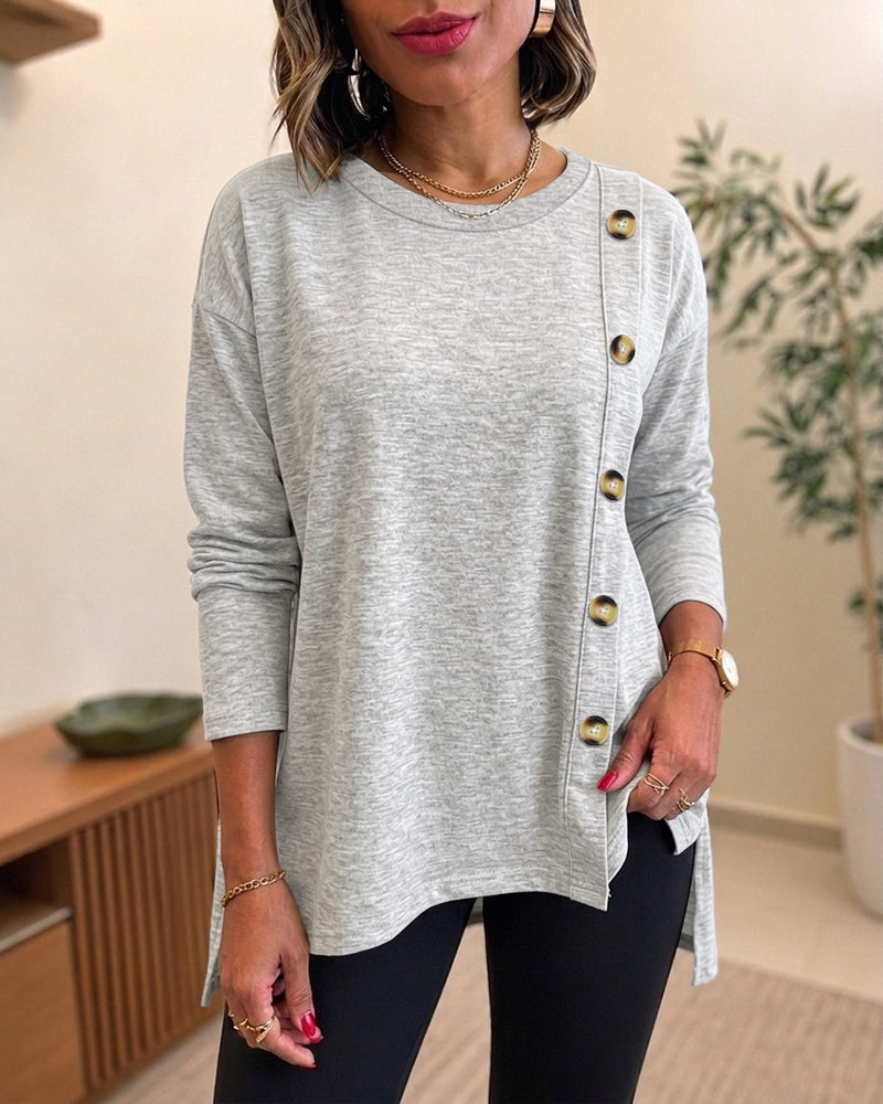 Women's Side Button Detail High-Low Split Hem Loose Tee Drop Shoulder Casual Top
