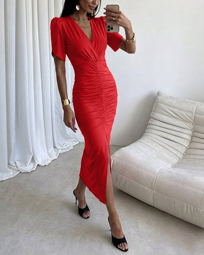 Women's Ruched V Neck Midi Dress Petal Short Sleeve Slit Party Gown Elegant Evening Dress