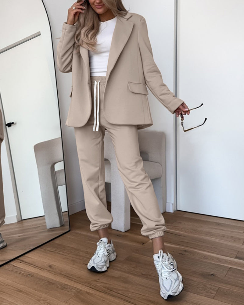 Shawl Collar Long Sleeve Blazer and Drawstring Pants Set