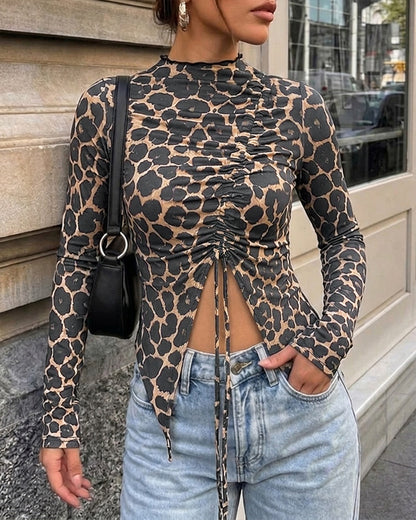 Women's Leopard Print Mock Neck Adjustable Drawstring Ruched Long Sleeve Top