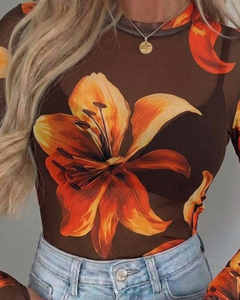 Women's Vintage Floral Print Sheer Mesh Long Sleeve Top Crewneck Tee with Thumb Holes