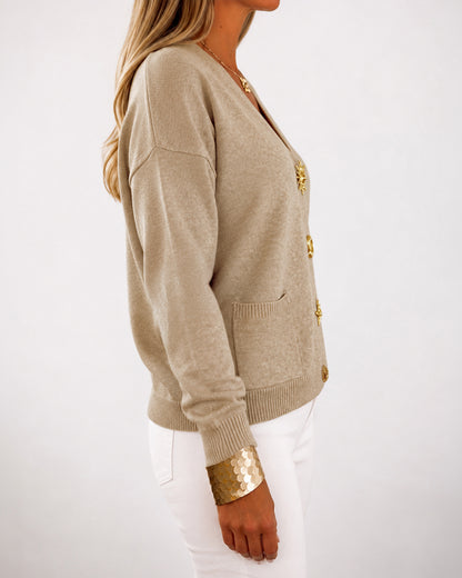 Women's Gold Button Knit Cardigan V Neck Sweater with Pockets