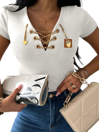 Chain Decor Lace Up V Neck Short Sleeve T-Shirt Casual Rhinestone Patch Slim Fit Top