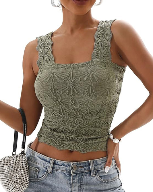 Floral Jacquard Square Neck Thick Strap Crop Tank Casual Sleeveless Top