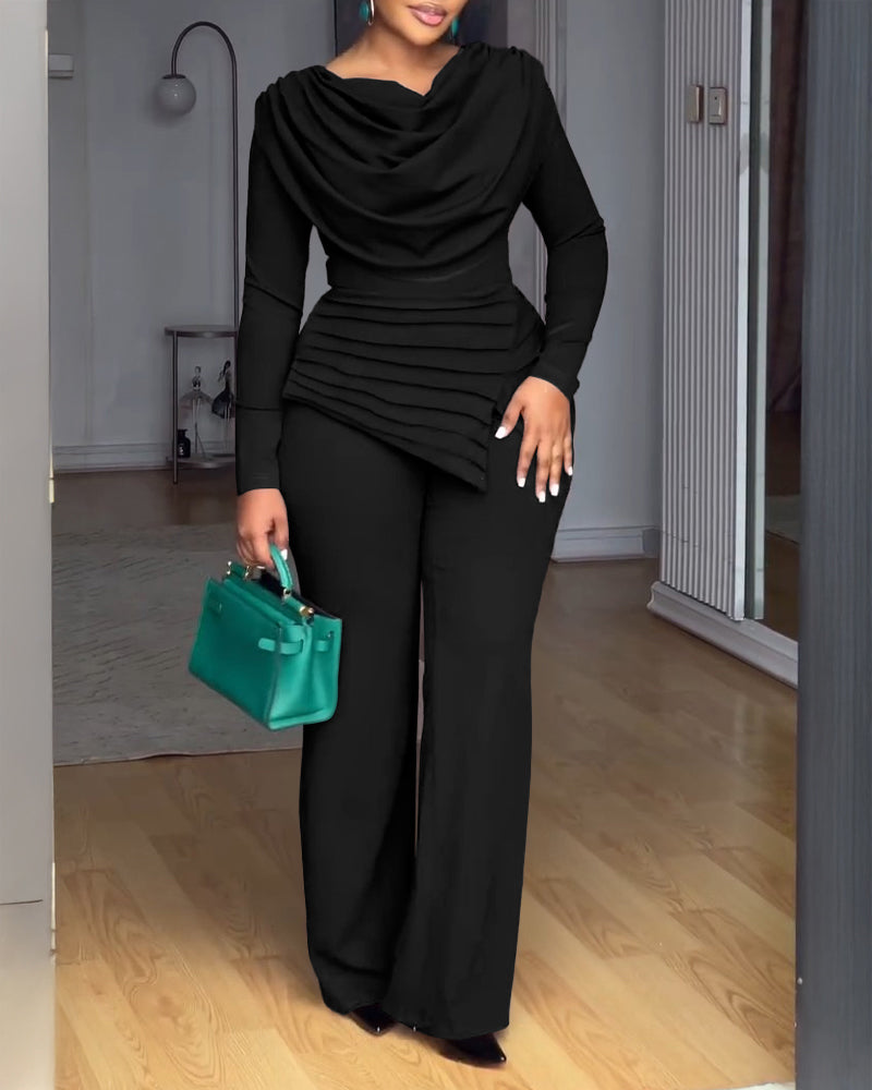Cowl Neck Asymmetrical Textured Patchwork Cinched Waist Jumpsuit Casual Zipper Back Wide Leg Jumpsuit