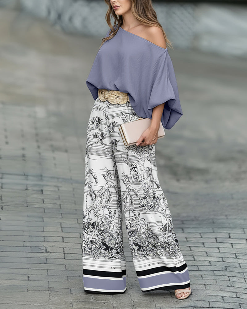 2 Pieces Outfit Skew Neck Batwing Sleeve Loose Fit Top and Plants Print Zipper Fly Colorblock Striped Trim Wide Leg Pants Set without Belt