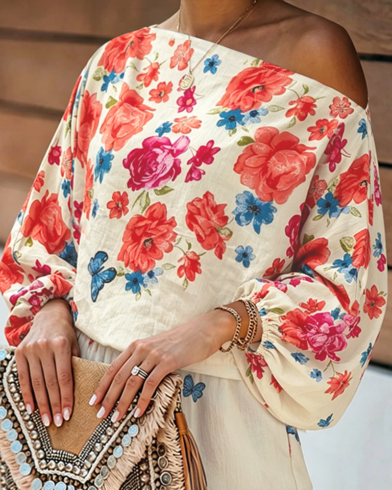 Women's Floral Butterfly Print 2-Piece Set Off-Shoulder Lantern Sleeve Top and High-Waisted Shorts Casual Vacation Outfit