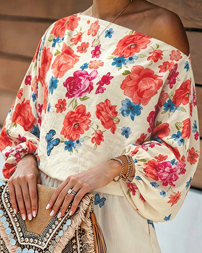 Women's Floral Butterfly Print 2-Piece Set Off-Shoulder Lantern Sleeve Top and High-Waisted Shorts Casual Vacation Outfit