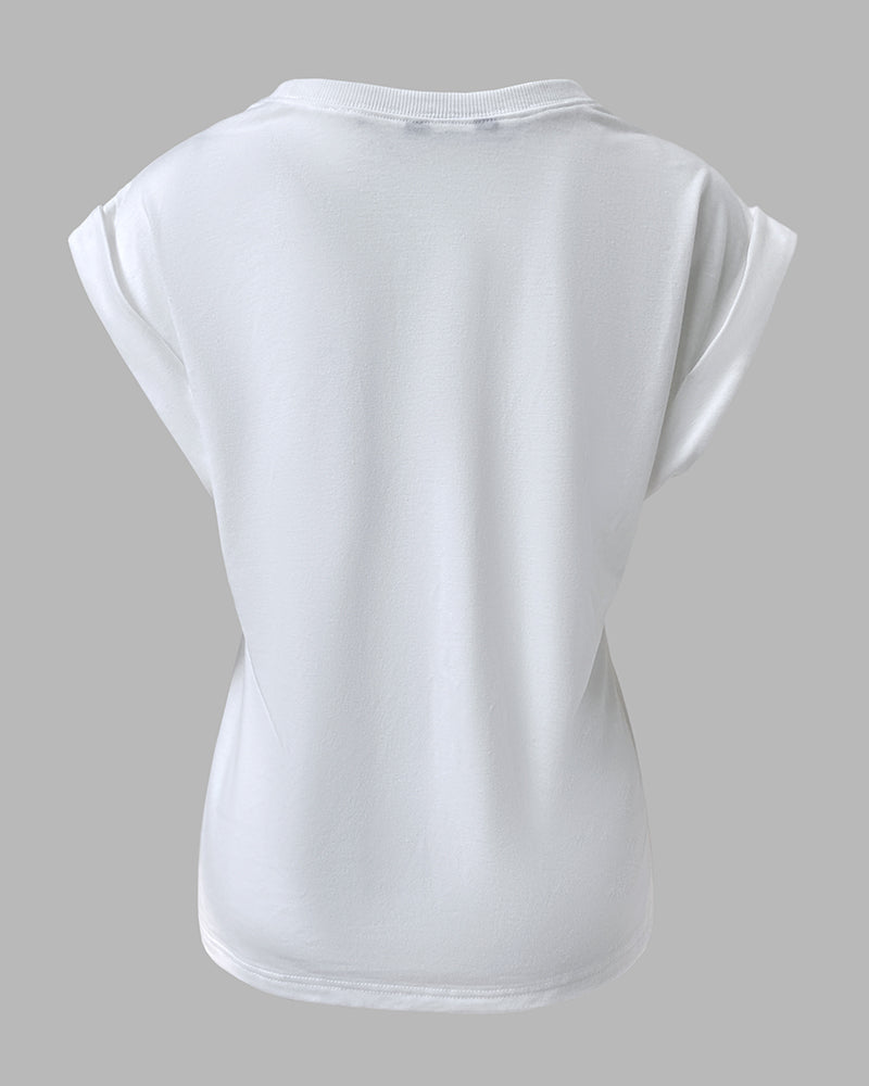 Tropical Animal & Plants Letter Print O-neck Short Sleeve Tee Casual Rolled Cuffs Top