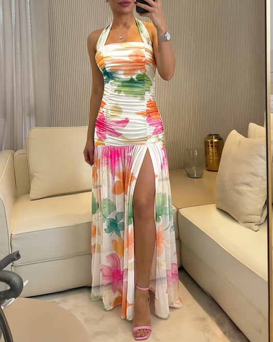 Women's Watercolor Floral Halter Tie Maxi Dress Sexy Backless Ruched Bodycon Dress Elegant Slit Mesh Evening Party Gown