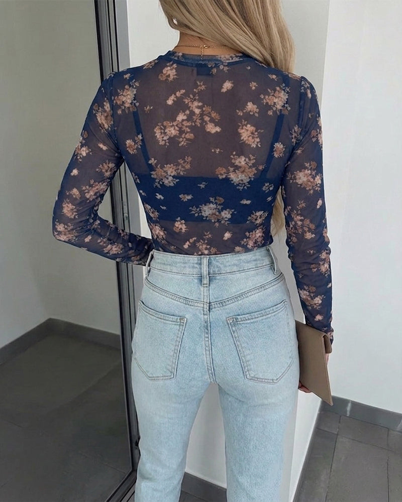 Women's Floral Print Sheer Mesh Top Long Sleeve Crewneck Slim Fit Tee with Thumb Holes
