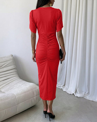 Women's Ruched V Neck Midi Dress Petal Short Sleeve Slit Party Gown Elegant Evening Dress