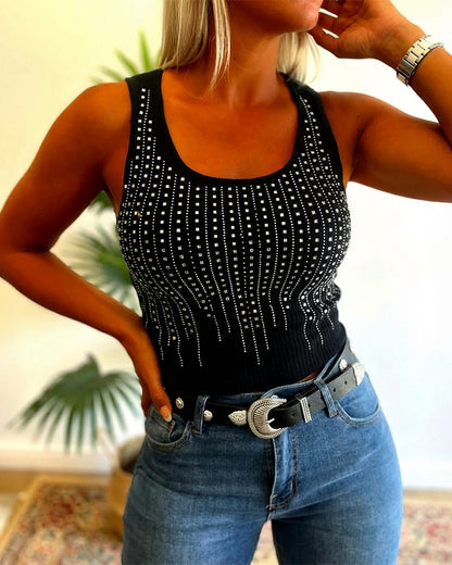 Rhinestone Decor U-Neck Sleeveless Tee Slim Fit Backless Ribbed Tank Top