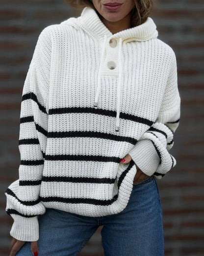 Women's Striped Henley Drawstring Hooded Sweater Loose Fit Lantern Sleeve Knit Pullover
