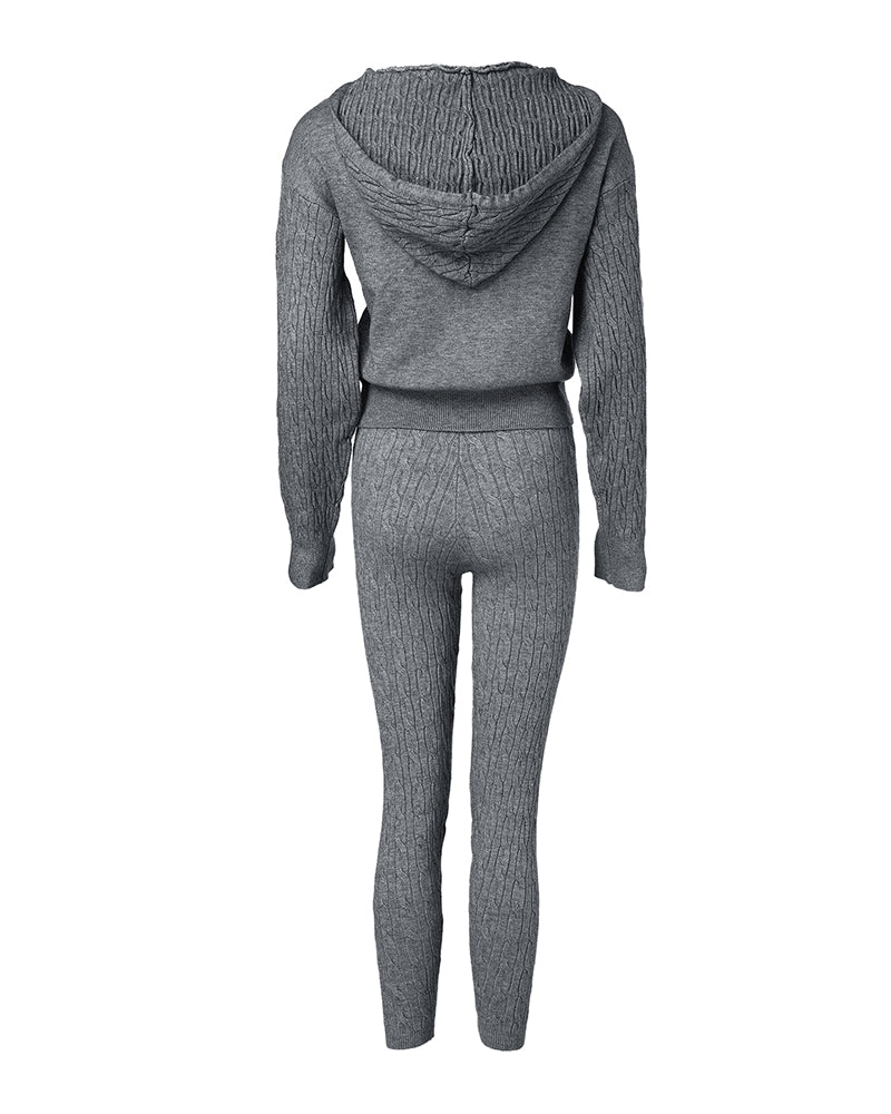 2 Pieces Outfit Long Sleeve Crop Drawstring Hoodie Top And Elastic Waist Slim Fit Pants Set Casual Cable Kint Set