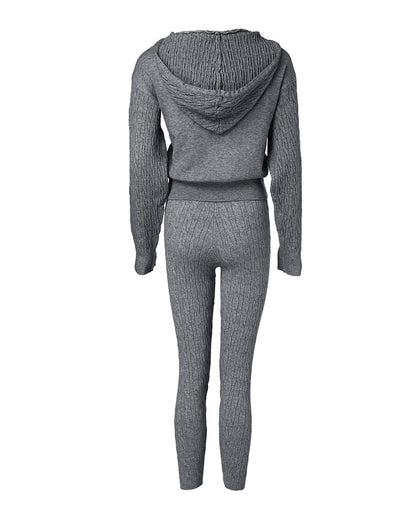 2 Pieces Outfit Long Sleeve Crop Drawstring Hoodie Top And Elastic Waist Slim Fit Pants Set Casual Cable Kint Set