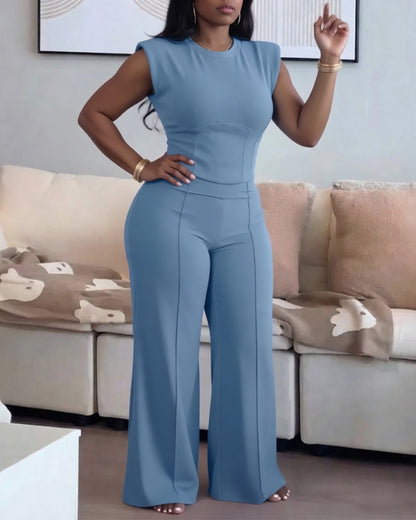 2 Pieces Outfit O-neck Sleeveless Padded Shoulders Cinched Waist Crop Top and Elastic Waist Seam Front Wide Leg Pants Set
