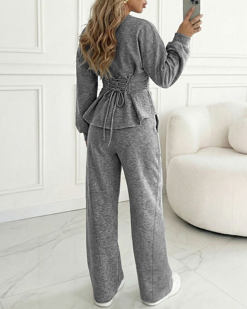 Women's 2 Piece Sweatsuit Set Long Sleeve Back Lace Up Pullover and High Waist Wide Leg Pants Lounge Tracksuit with Pockets