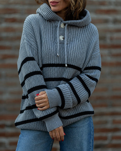 Women's Striped Henley Drawstring Hooded Sweater Loose Fit Lantern Sleeve Knit Pullover