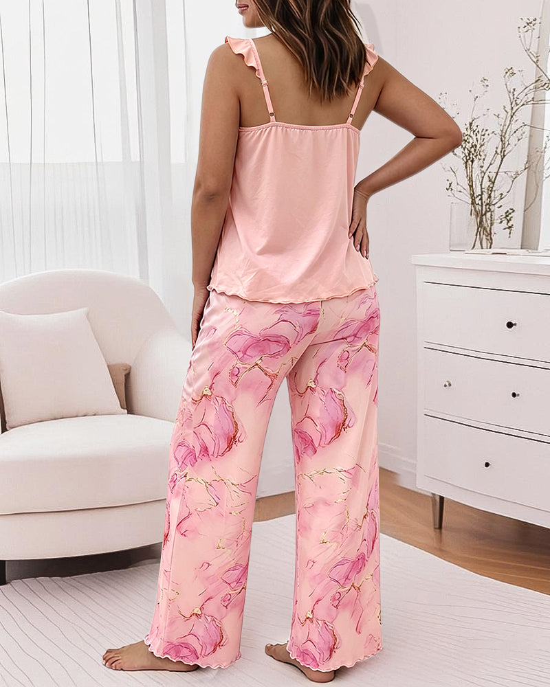 Women's Frill Trim Pajamas Set Letter Print Flutter Spaghetti Strap Cami Top and Tie Dye Print Pants Set Casual Loungewear with Pockets