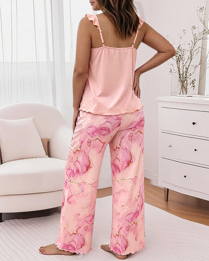 Women's Frill Trim Pajamas Set Letter Print Flutter Spaghetti Strap Cami Top and Tie Dye Print Pants Set Casual Loungewear with Pockets