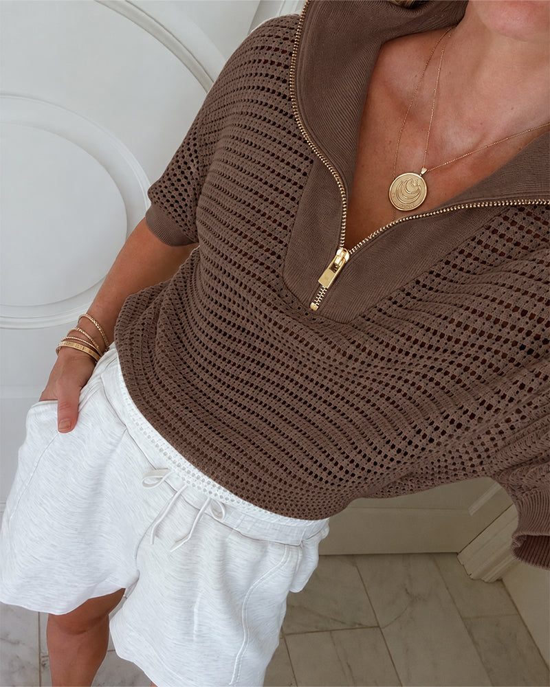 Women's Half Zip Polo Knit Top Short Sleeve Hollow-out Sweater
