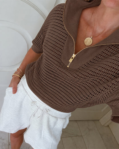 Women's Half Zip Polo Knit Top Short Sleeve Hollow-out Sweater