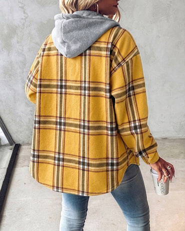 Women's Plaid Drawstring Hoodie Coat Casual Fleece Lined Jacket