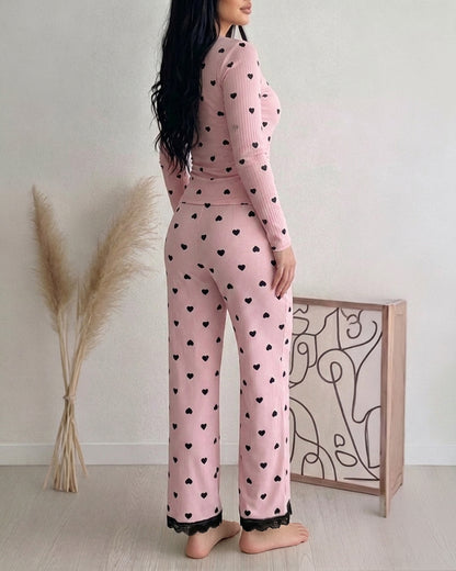 Women's Heart Print Lace Trim Ribbed Loungewear Set Long Sleeve Top and Wide Leg Pants Sweet Pajama Set