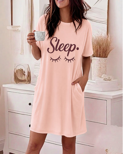 Women's Sleep Letter Print Short Sleeve Nightgown Casual Sleepwear Dress with Pockets