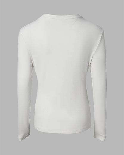 Women's Pearl Rhinestone Hollow-out Long Sleeve Ribbed Fitted Top