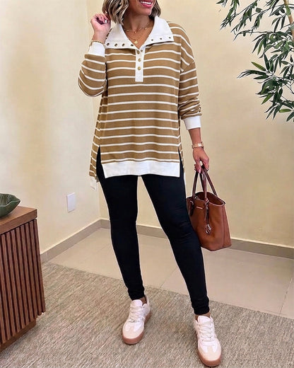 Women's Striped Waffle Knit Henley Collar Loose Long Sleeve Side Slit Top