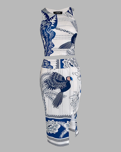 Women's Vintage Print Two Piece Set Crop Tank Top and High Waist Side Slit Slim Fit Midi Skirt Elegant Matching Set