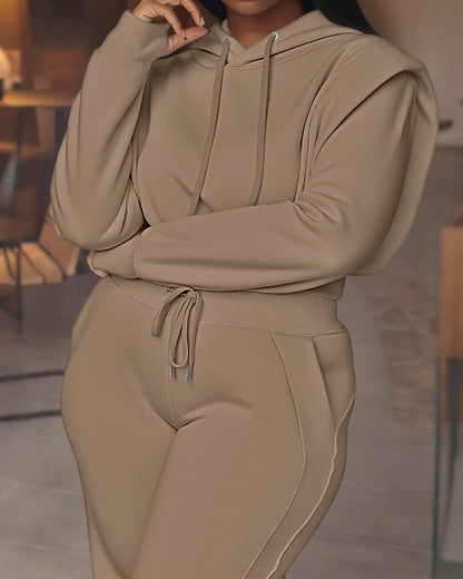 2 Pieces Outfit Long Sleeve Crop Drawstring Hoodie Sweatshirt With Thumb Hole Cuffs And Casual Drawstring Elastic Waist Wide Leg Sweatpants Set