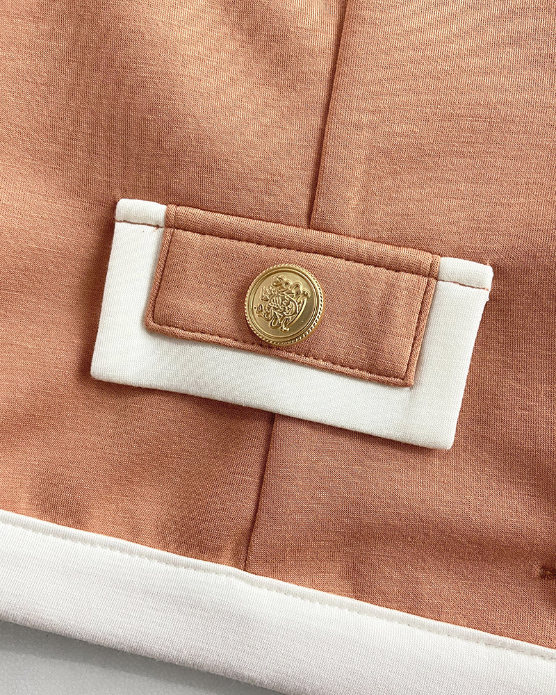 2 Pieces Outfit Contrast Paneled Single Breasted Flap Detail Crop Top and Elastic Waist Seam Front High Waist Pants Set Casual Commuting Set