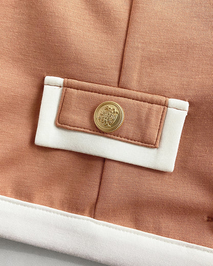 2 Pieces Outfit Contrast Paneled Single Breasted Flap Detail Crop Top and Elastic Waist Seam Front High Waist Pants Set Casual Commuting Set